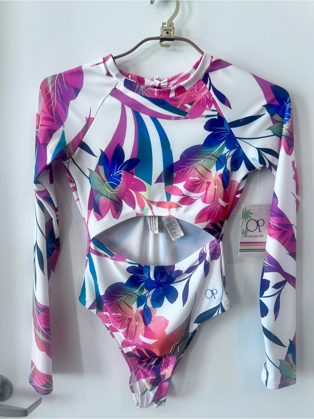 OP Long Sleeve One-Piece Swimsuit in White, Pink, Blue and Green